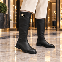 Black Gold-Accent Knee-High Leather Boots