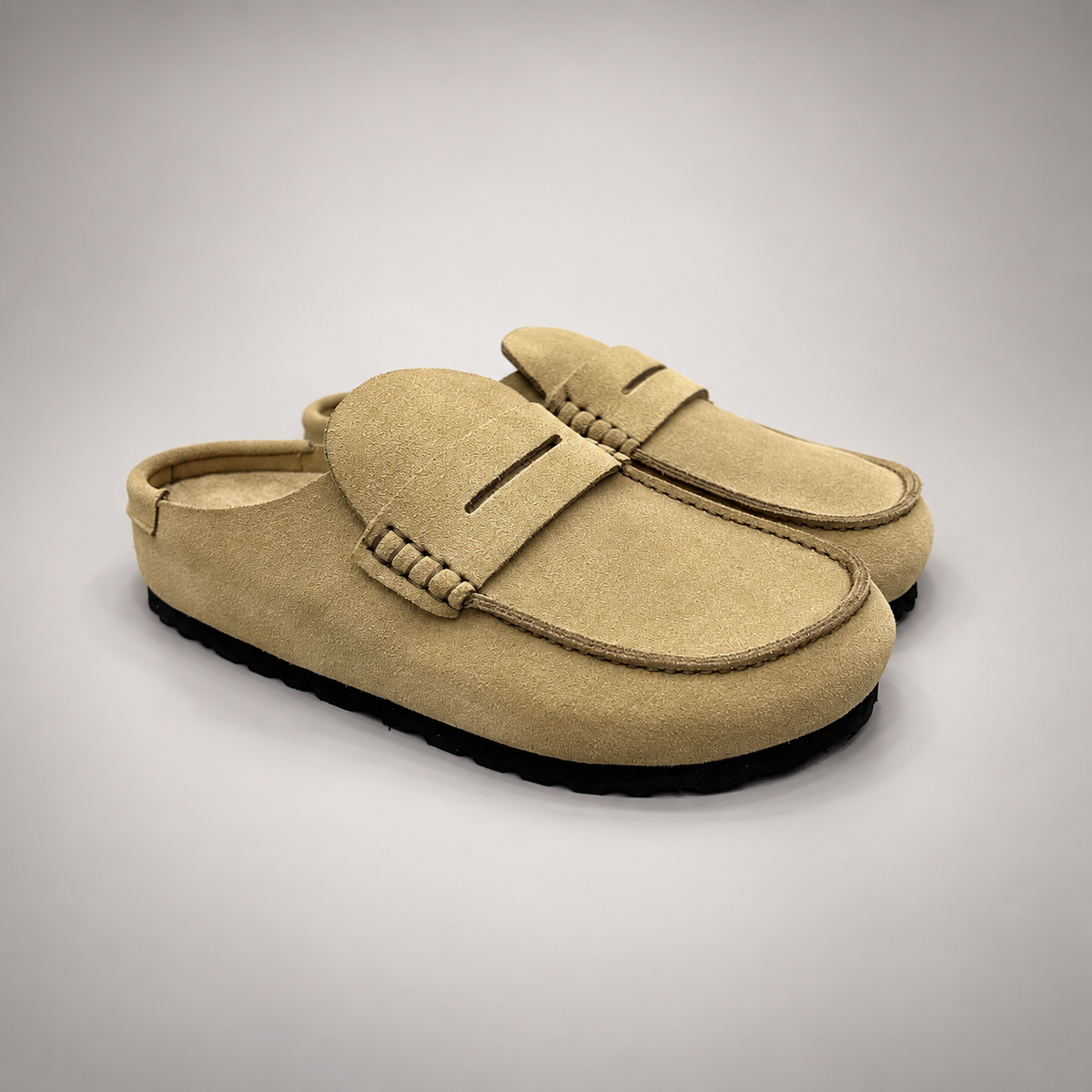 Beige calf suede penny-loafer mules product view 1