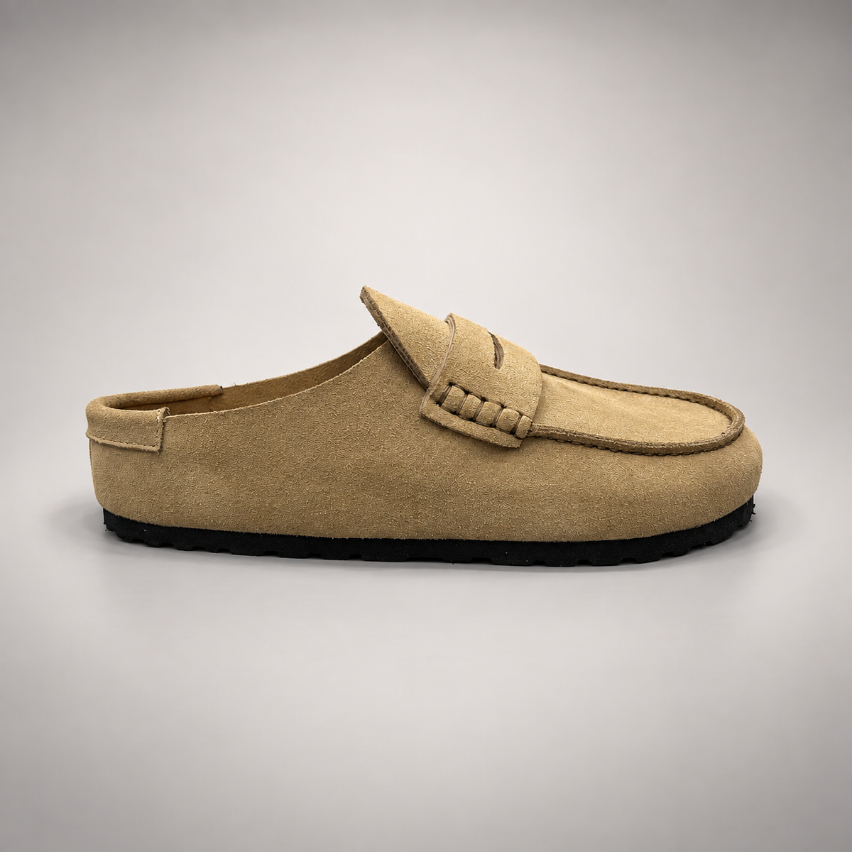 Beige calf suede penny-loafer mules product view 3