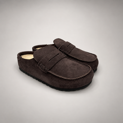 Dark brown calf suede penny-loafer mules product view 1