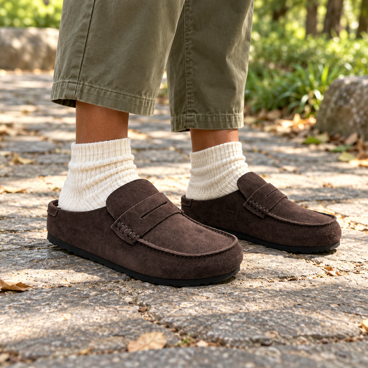 Dark brown calf suede penny-loafer mules worn outdoors
