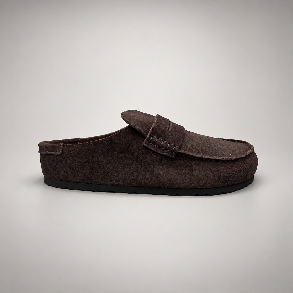 Dark brown calf suede penny-loafer mules product view 3