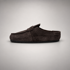 Dark brown calf suede penny-loafer mules product view 4