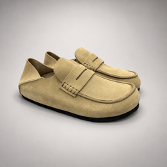 Beige calf suede penny loafers product view 1