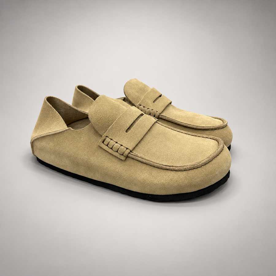 Beige calf suede penny loafers product view 1