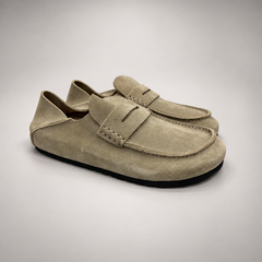 Taupe calf suede penny loafers product view 1