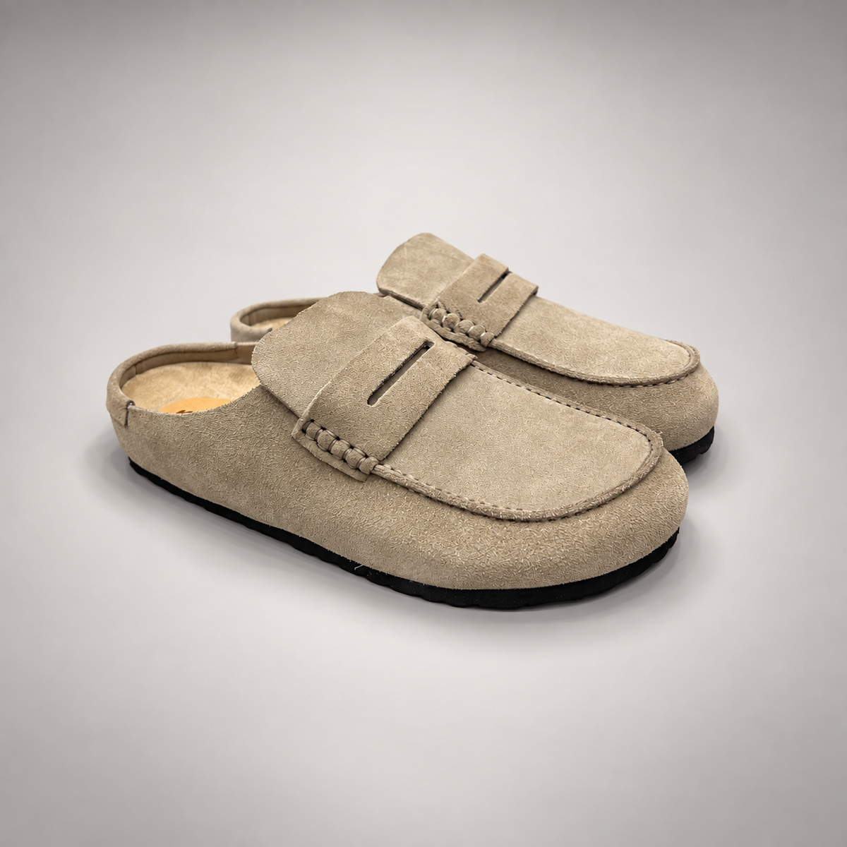 Taupe Calf Suede Penny Loafer Mules product view 1