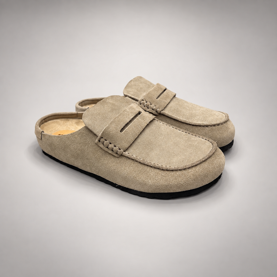 Taupe Calf Suede Penny Loafer Mules product view 1