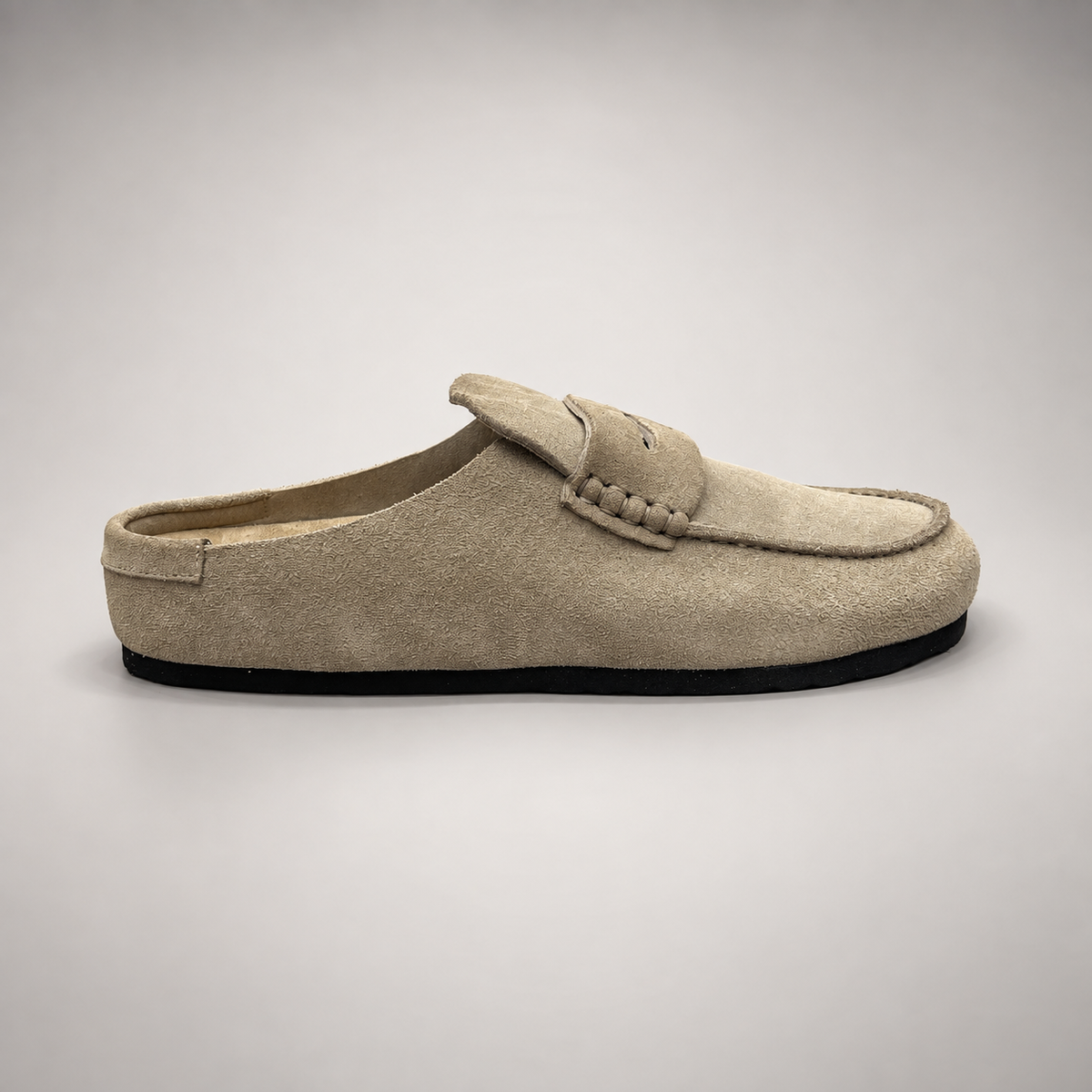 Taupe Calf Suede Penny Loafer Mules product view 3
