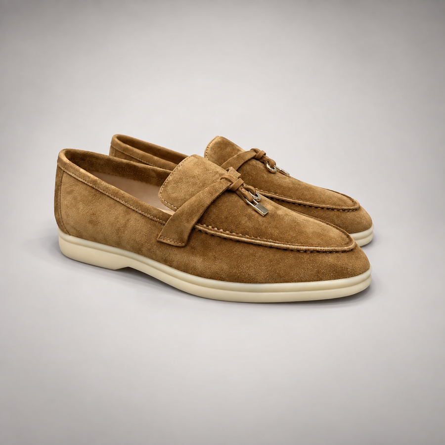 Tan Sheep Suede Metal-Accent Loafers product view 1