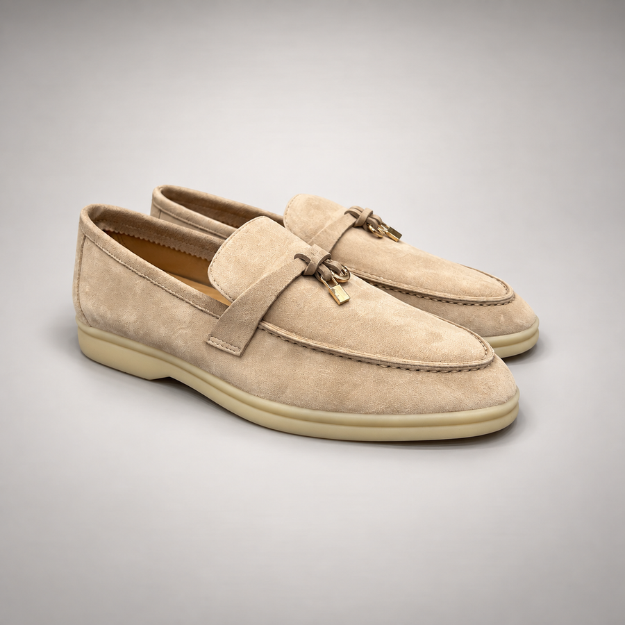 Beige Sheep Suede Metal-Accent Loafers product view 1