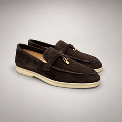 Dark brown suede metal-accent loafers front view