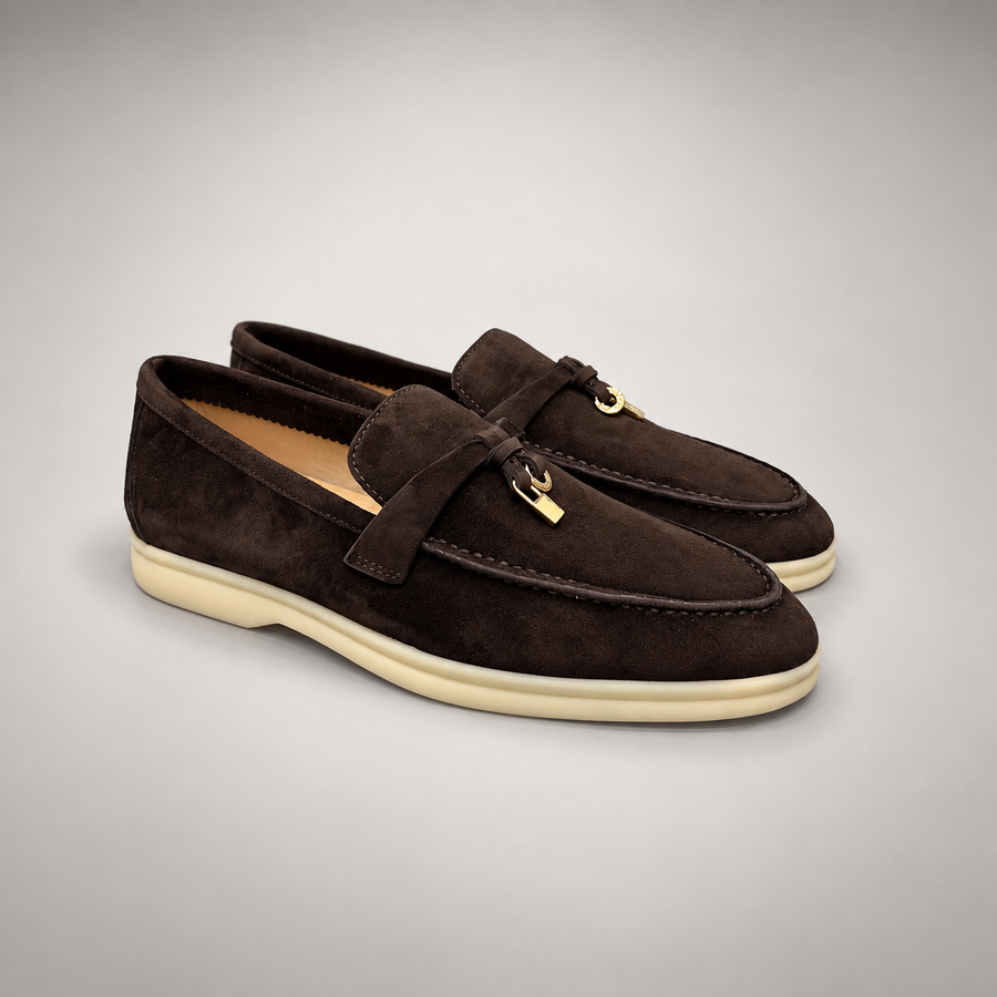 Dark brown suede metal-accent loafers front view