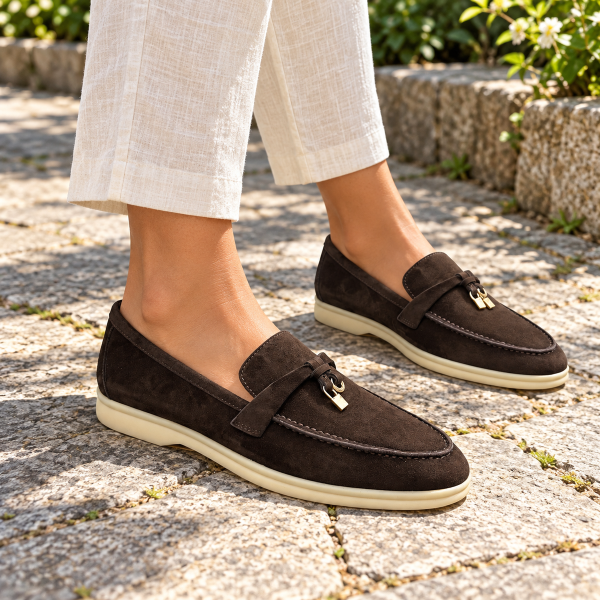 Dark brown suede metal-accent loafers on foot