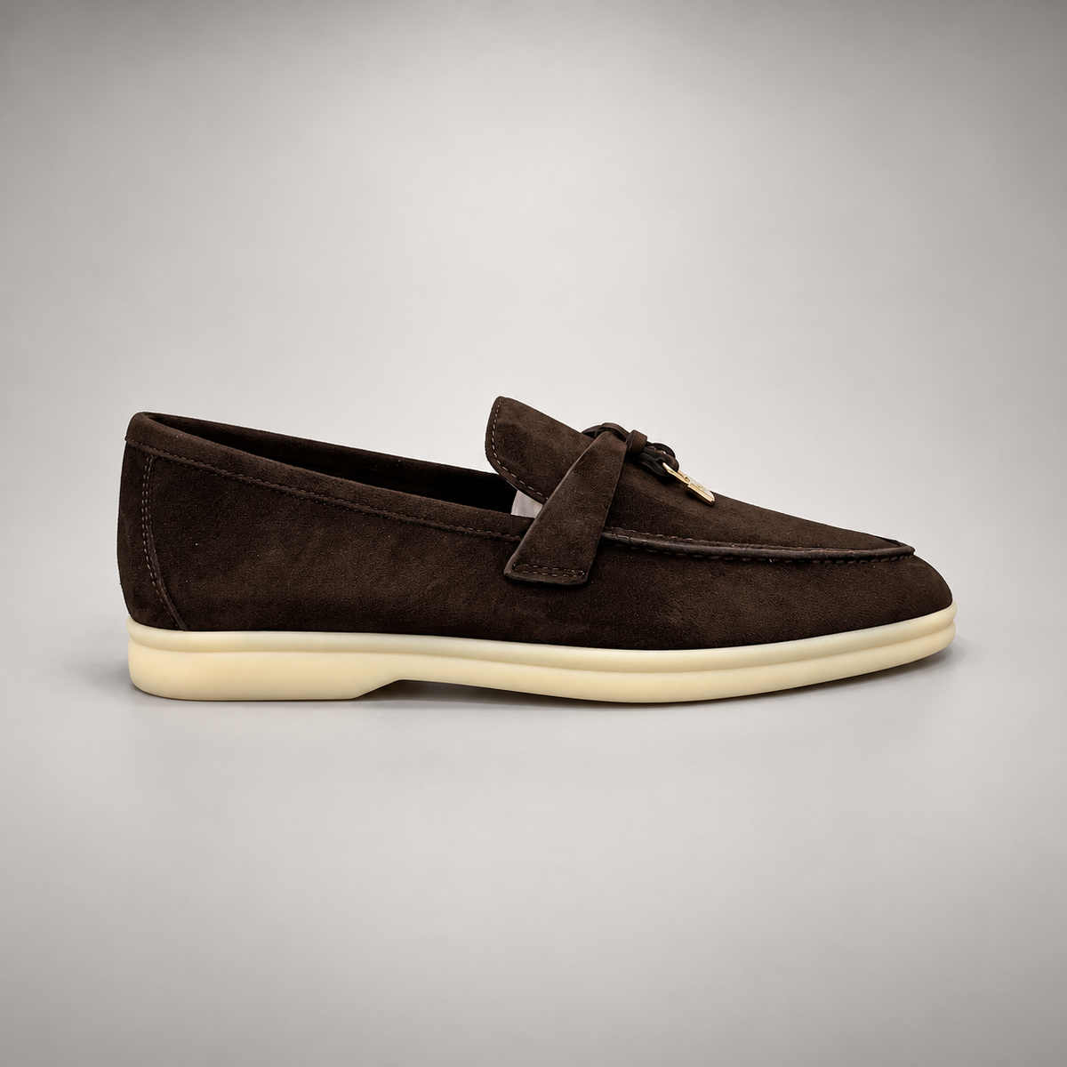 Dark brown suede metal-accent loafers detail 2