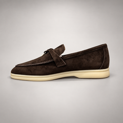 Dark brown suede metal-accent loafers detail 3