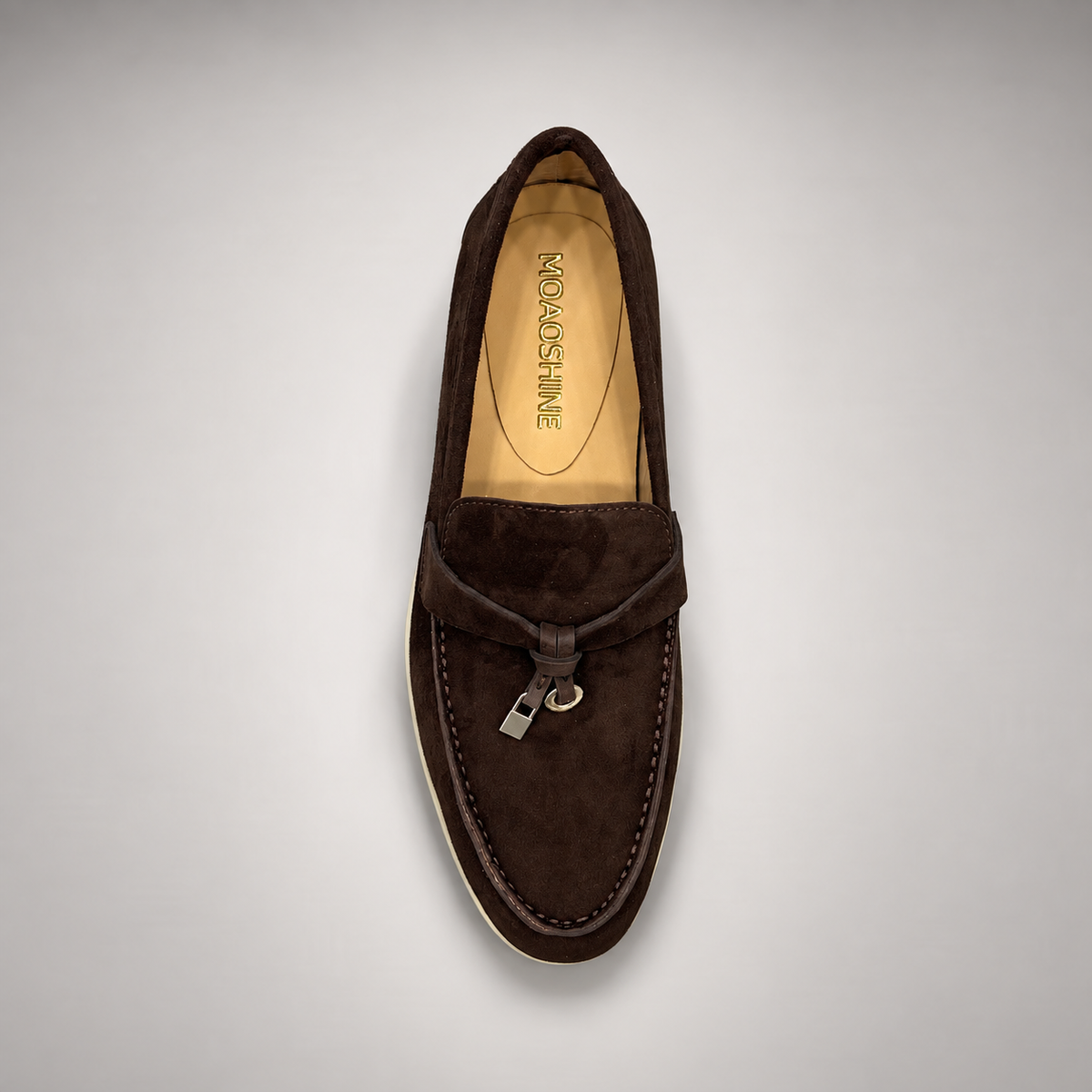 Dark brown suede metal-accent loafers detail 4