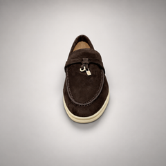Dark brown suede metal-accent loafers detail 6