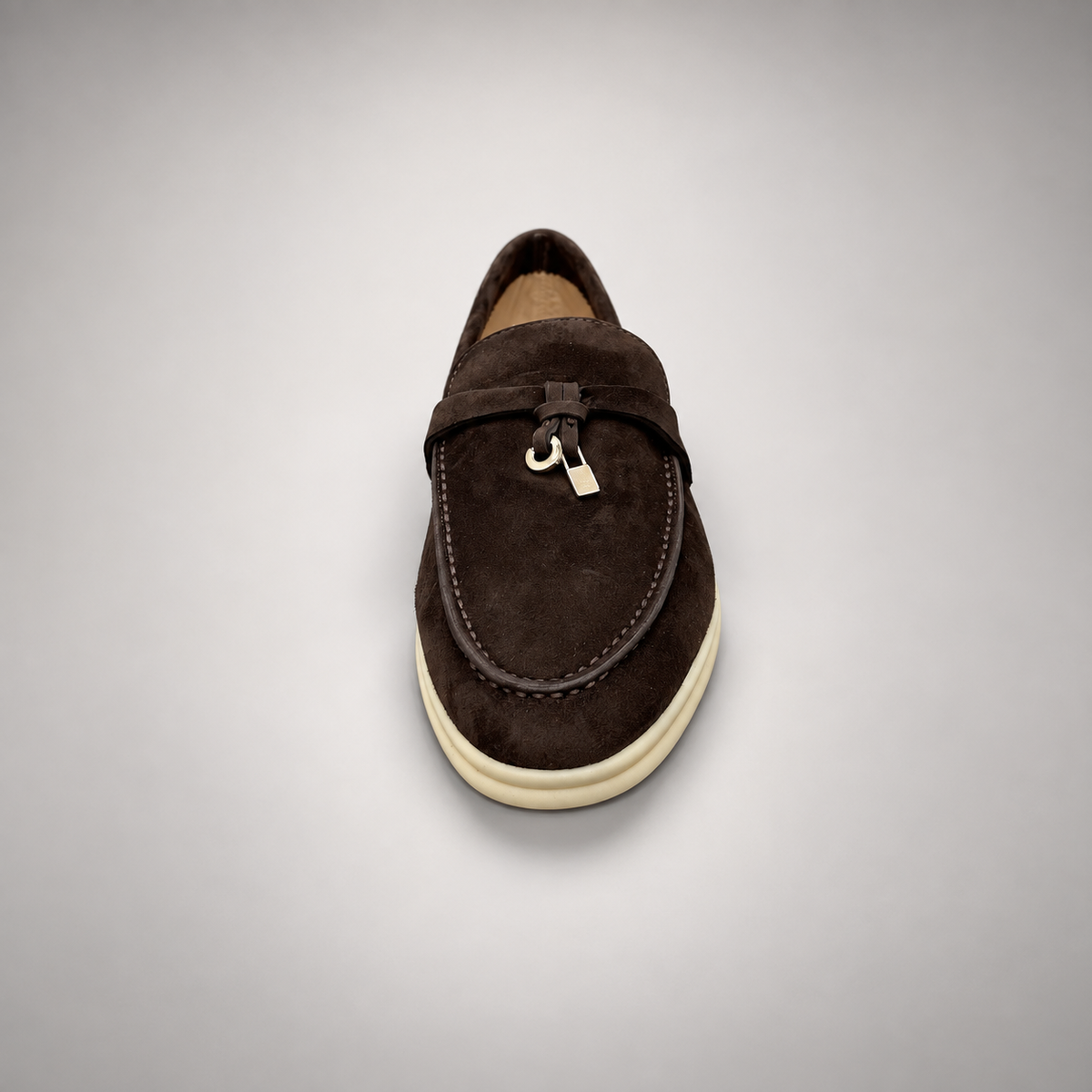Dark brown suede metal-accent loafers detail 6
