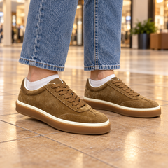 Tan Sheep Suede Lace-Up Sneakers on foot