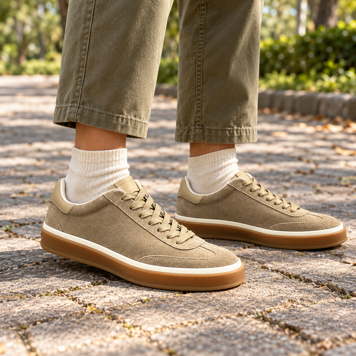 Taupe Sheep Suede Lace-Up Sneakers on foot