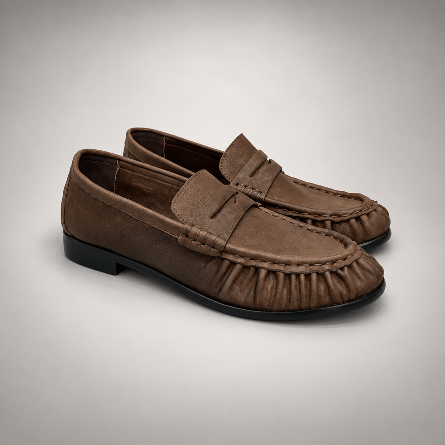 Brown Top-Grain Cow Leather Ruched Penny Loafers product view 1