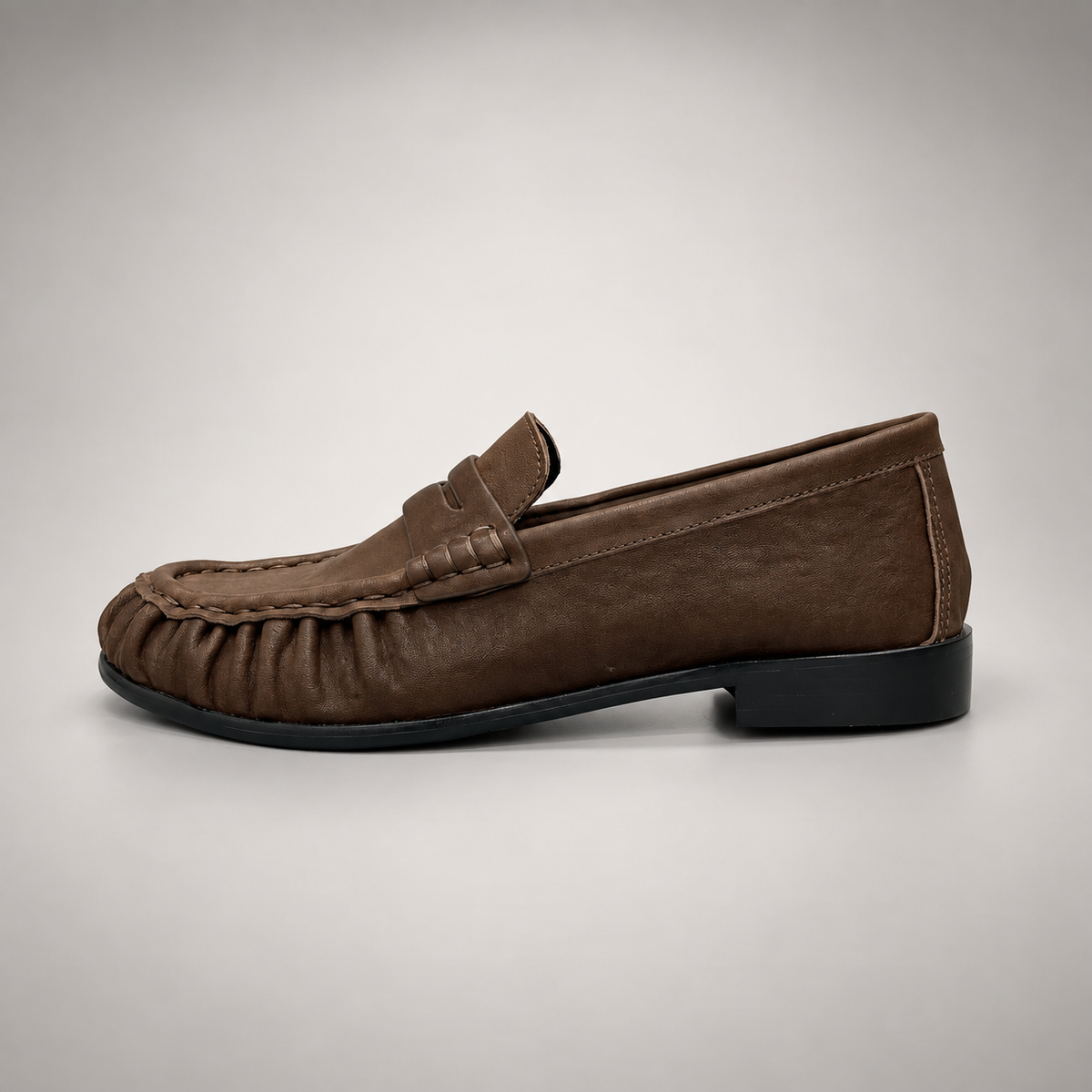 Brown Top-Grain Cow Leather Ruched Penny Loafers product view 3