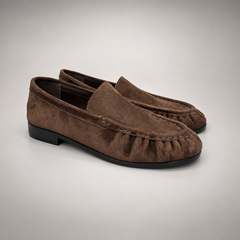 Dark Brown Sheep Suede Ruched Moc-Toe Loafers product view 1