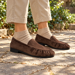 Dark Brown Sheep Suede Ruched Moc-Toe Loafers on foot