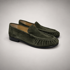 Dark Olive Sheep Suede Ruched Moc-Toe Loafers product view 1