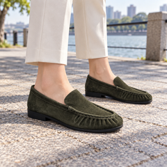 Dark Olive Sheep Suede Ruched Moc-Toe Loafers on foot
