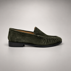 Dark Olive Sheep Suede Ruched Moc-Toe Loafers product view 3