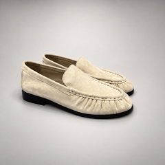 Beige Sheep Suede Ruched Moc-Toe Loafers product view 1