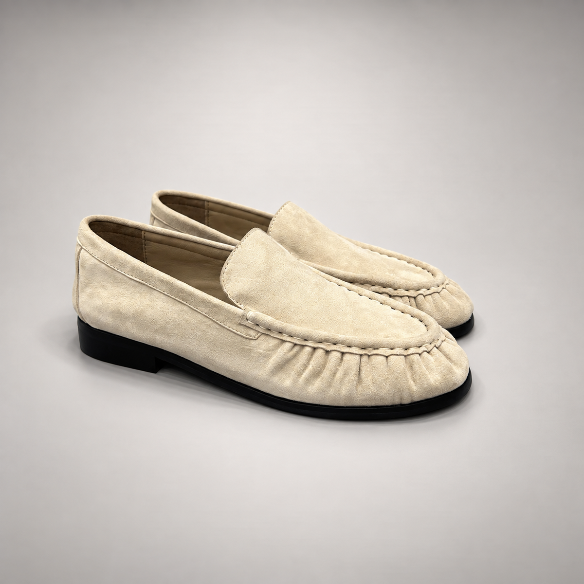 Beige Sheep Suede Ruched Moc-Toe Loafers product view 1