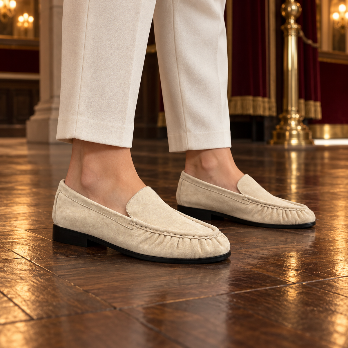 Beige Sheep Suede Ruched Moc-Toe Loafers on foot