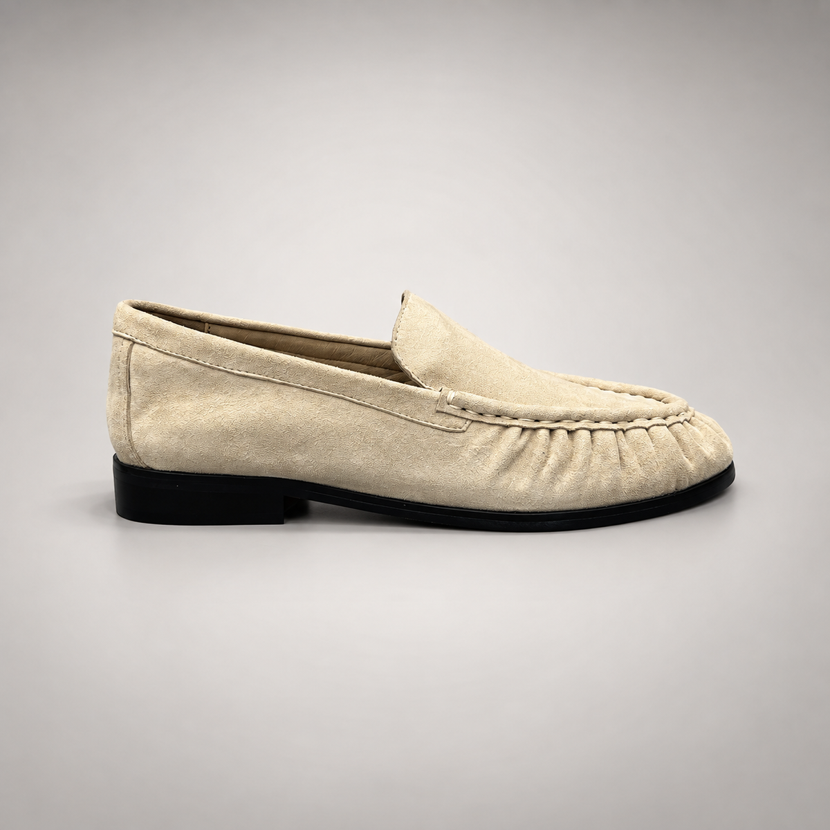Beige Sheep Suede Ruched Moc-Toe Loafers product view 3