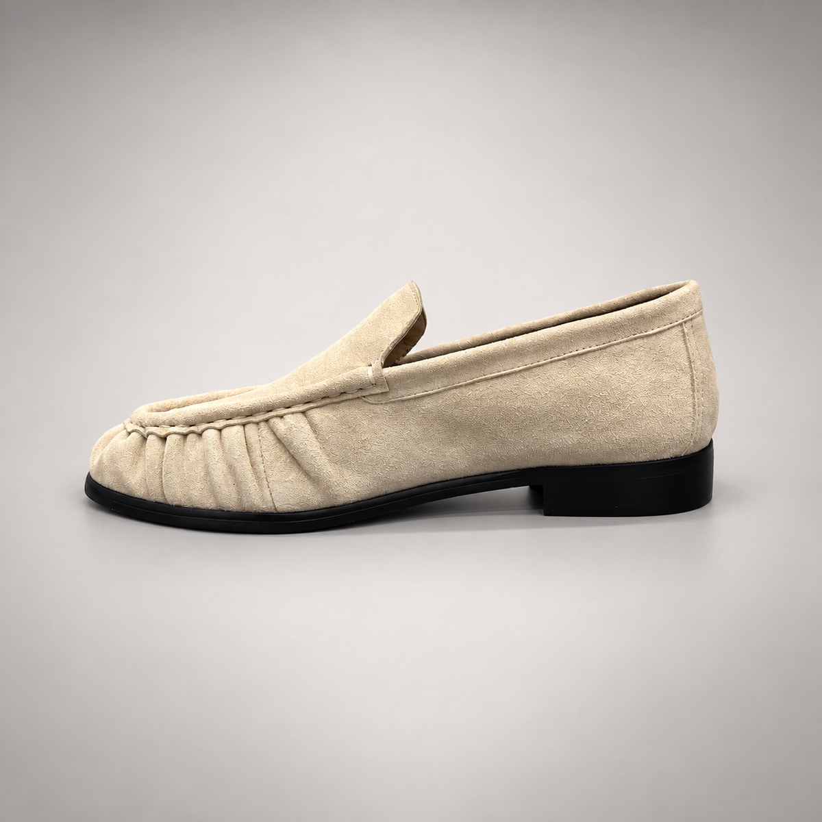 Beige Sheep Suede Ruched Moc-Toe Loafers product view 4