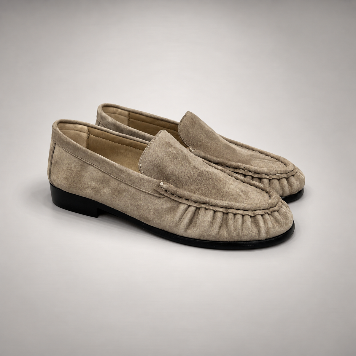 Taupe Sheep Suede Ruched Moc-Toe Loafers product view 1