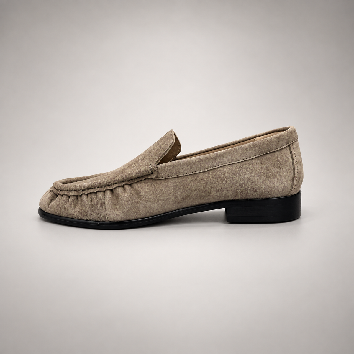 Taupe Sheep Suede Ruched Moc-Toe Loafers product view 4