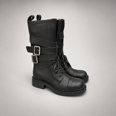 Black Double-Buckle Lace-Up Mid-Calf Boots product view 1