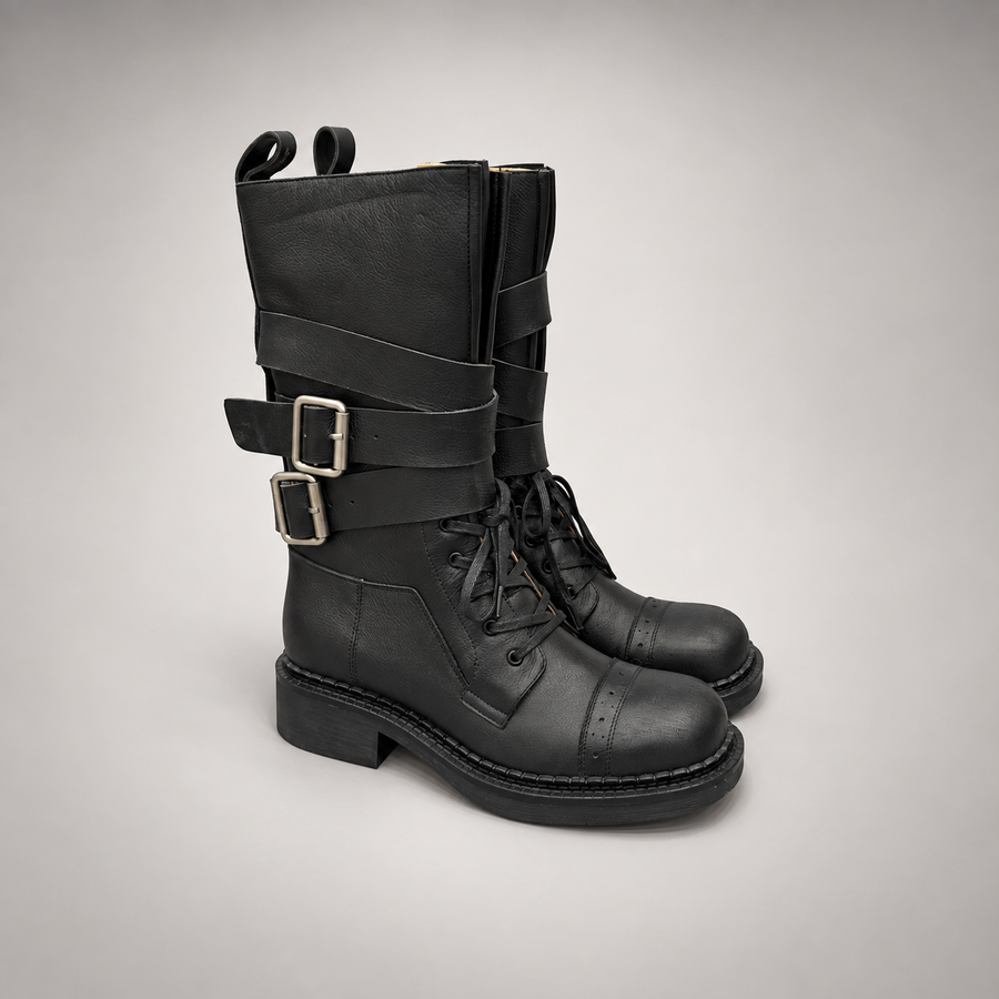 Black Double-Buckle Lace-Up Mid-Calf Boots product view 1