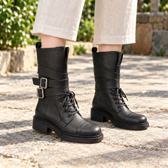 Black Double-Buckle Lace-Up Mid-Calf Boots on foot