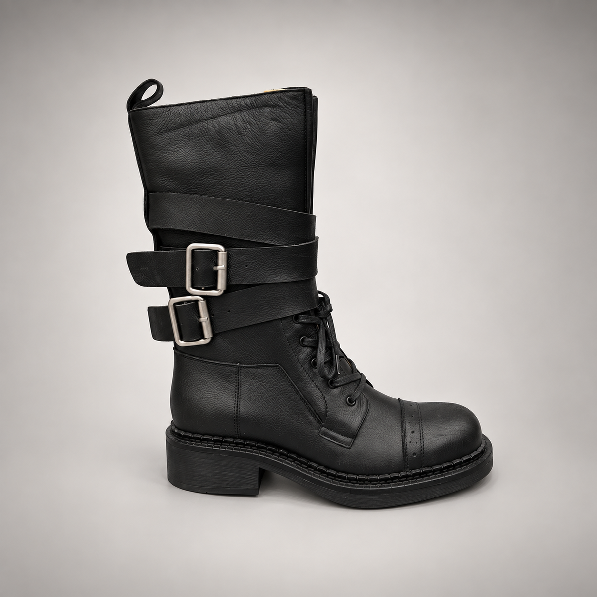 Black Double-Buckle Lace-Up Mid-Calf Boots product view 3