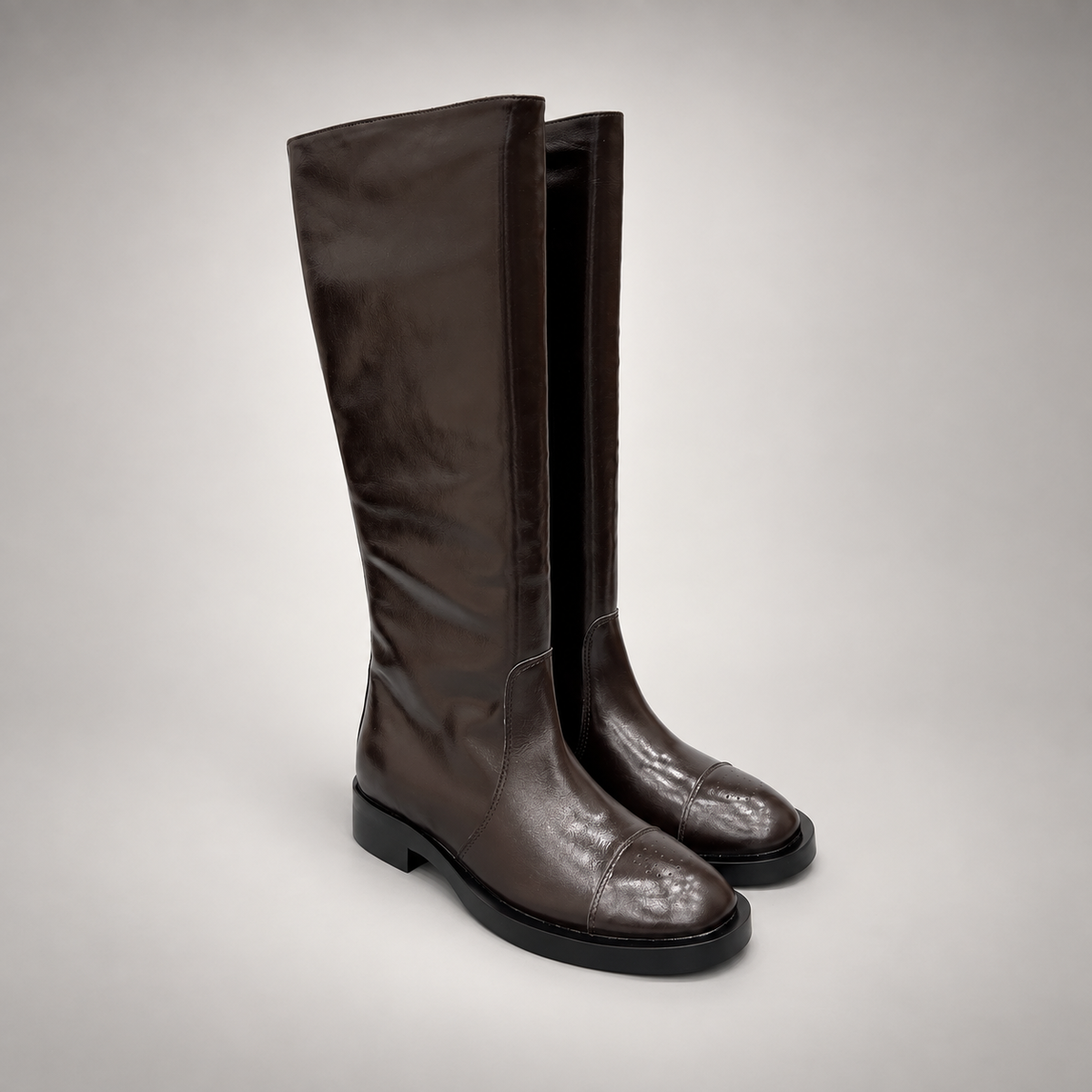 Dark Brown Cap-Toe Knee-High Leather Boots product view 1