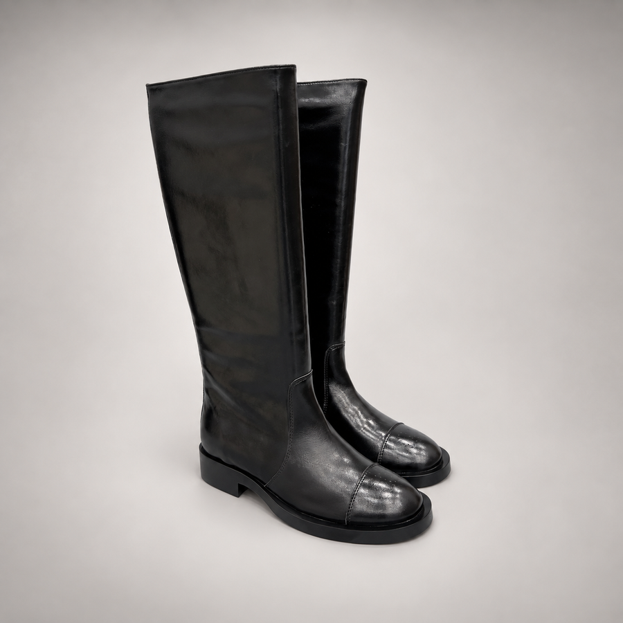 Black Cap-Toe Knee-High Leather Boots product view 1