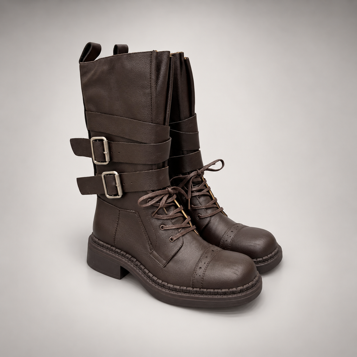 Brown Double-Buckle Lace-Up Mid-Calf Leather Boots product view 1