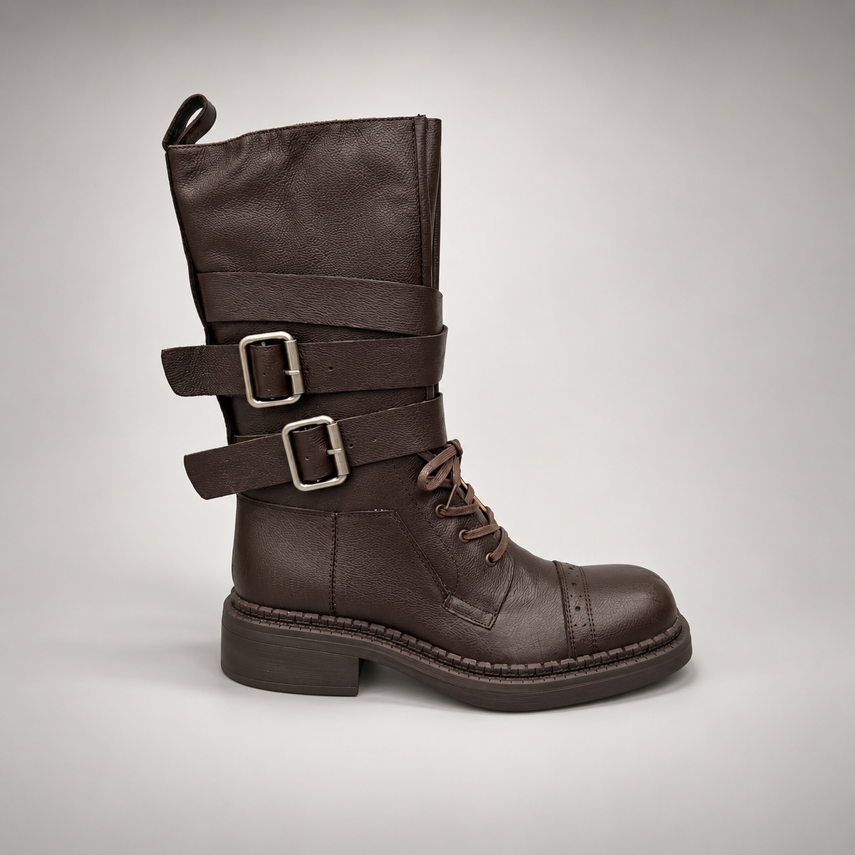 Brown Double-Buckle Lace-Up Mid-Calf Leather Boots product view 3
