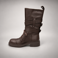 Brown Double-Buckle Lace-Up Mid-Calf Leather Boots product view 4