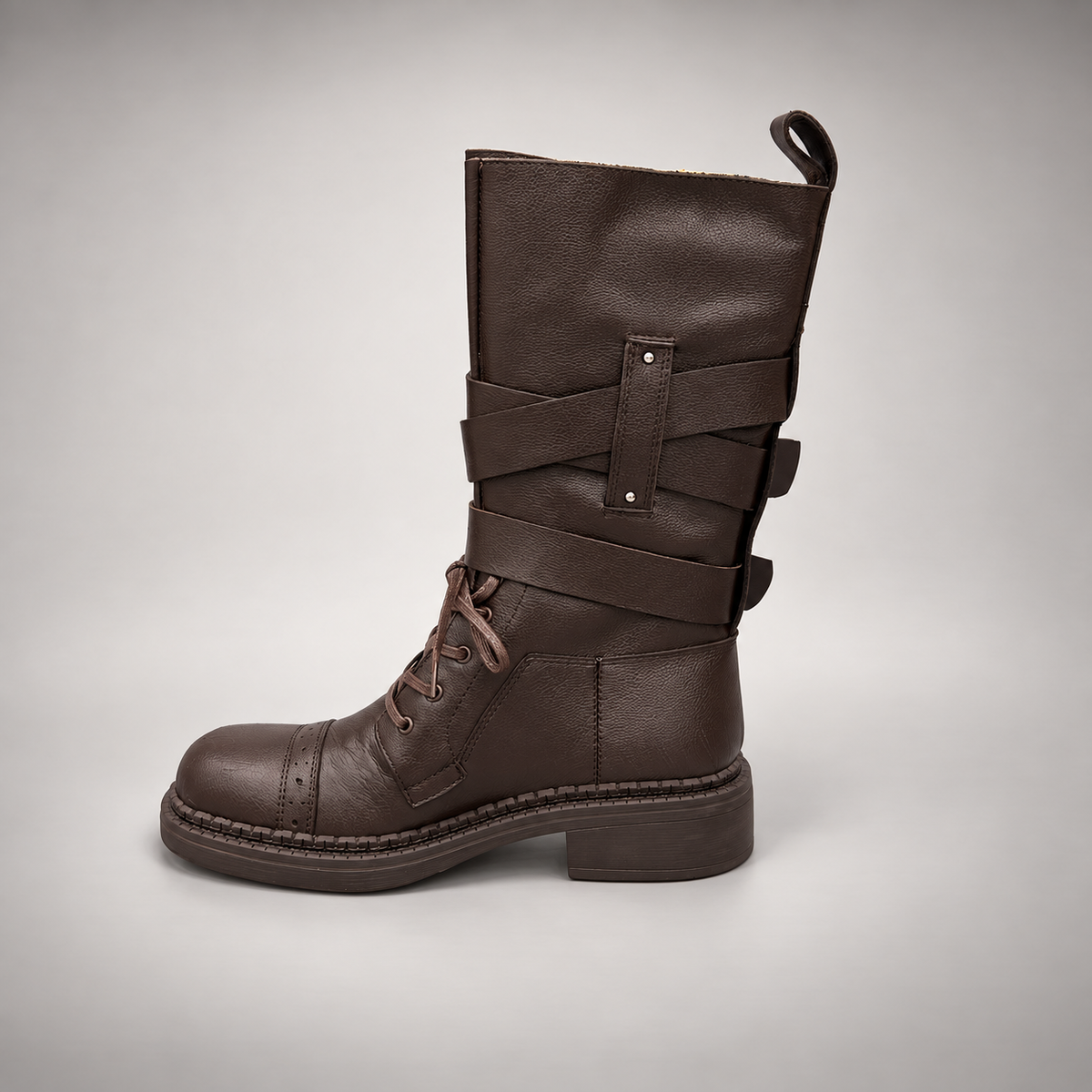 Brown Double-Buckle Lace-Up Mid-Calf Leather Boots product view 4
