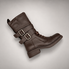 Brown Double-Buckle Lace-Up Mid-Calf Leather Boots product view 7